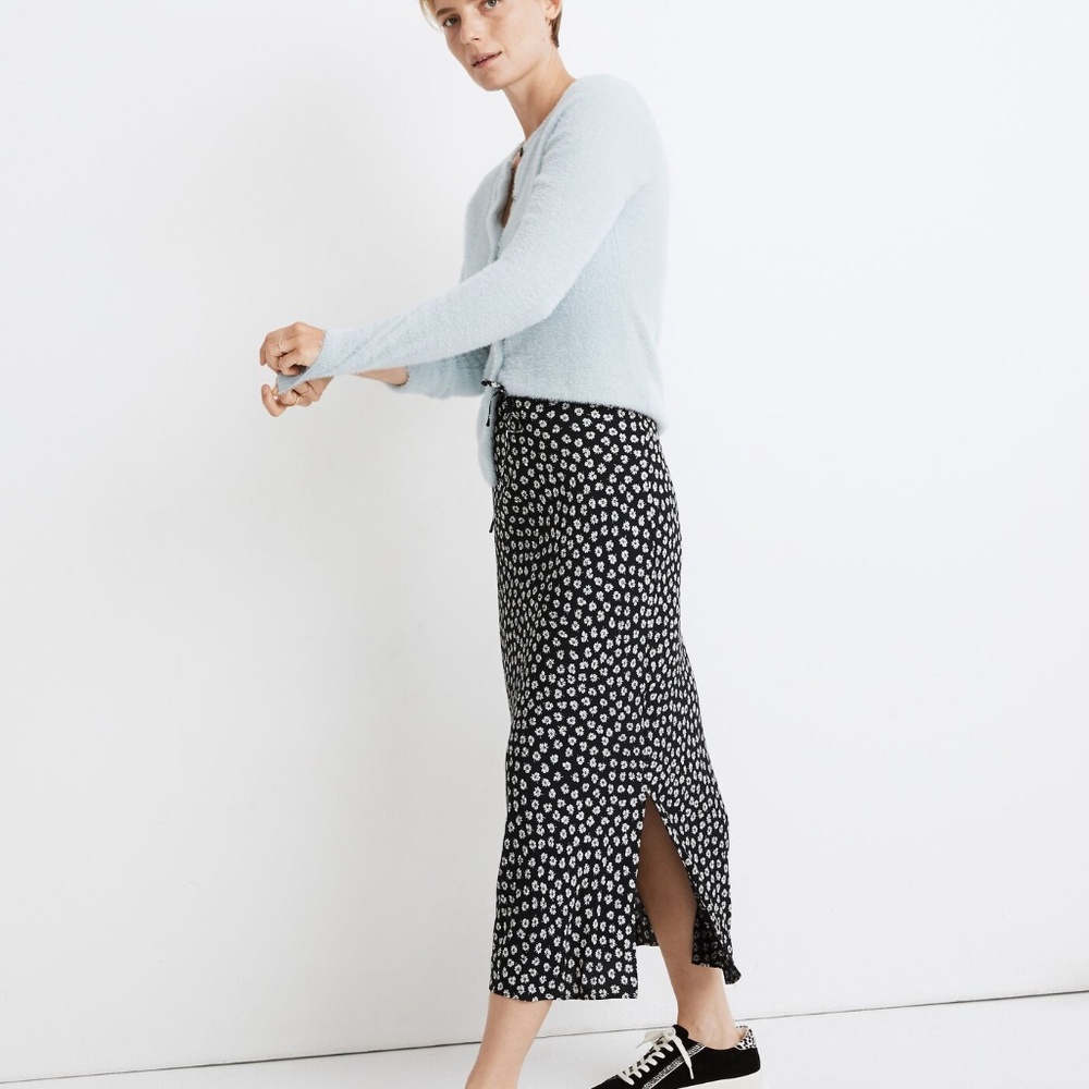 Drawstring Midi Slip Skirt in Woodcut Flowers